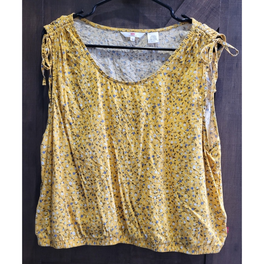 Levis Yellow Floral Sleeveless Blouse Tie Shoulder Elastic Hem Top XL